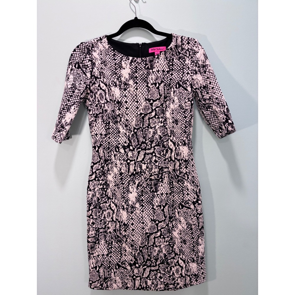 Betsey Johnson Snakeskin Print Sheath Dress Black White Elbow Sleeve Size 2